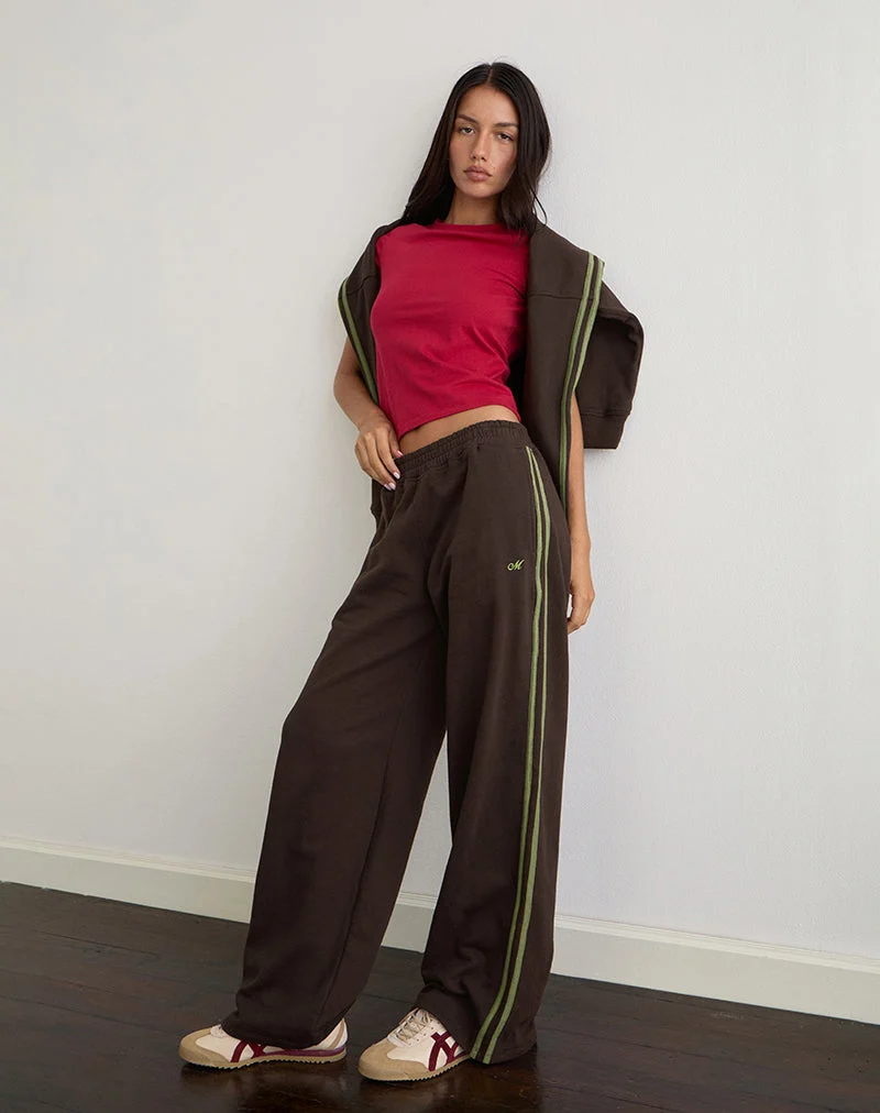 Pantalon de survêtement Oze en chocolat amer avec reliure verte et broderie M