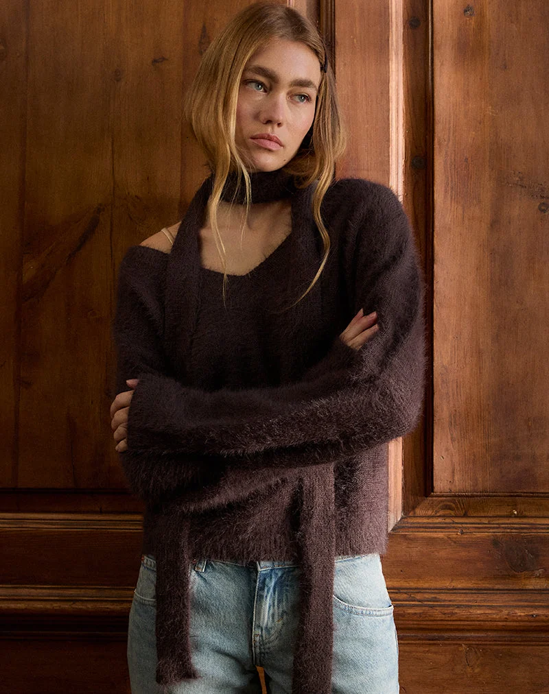 Pull Dikara avec écharpe en tricot marron