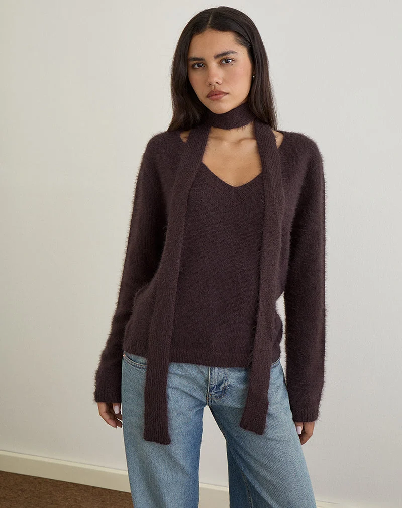 Pull Dikara avec écharpe en tricot marron