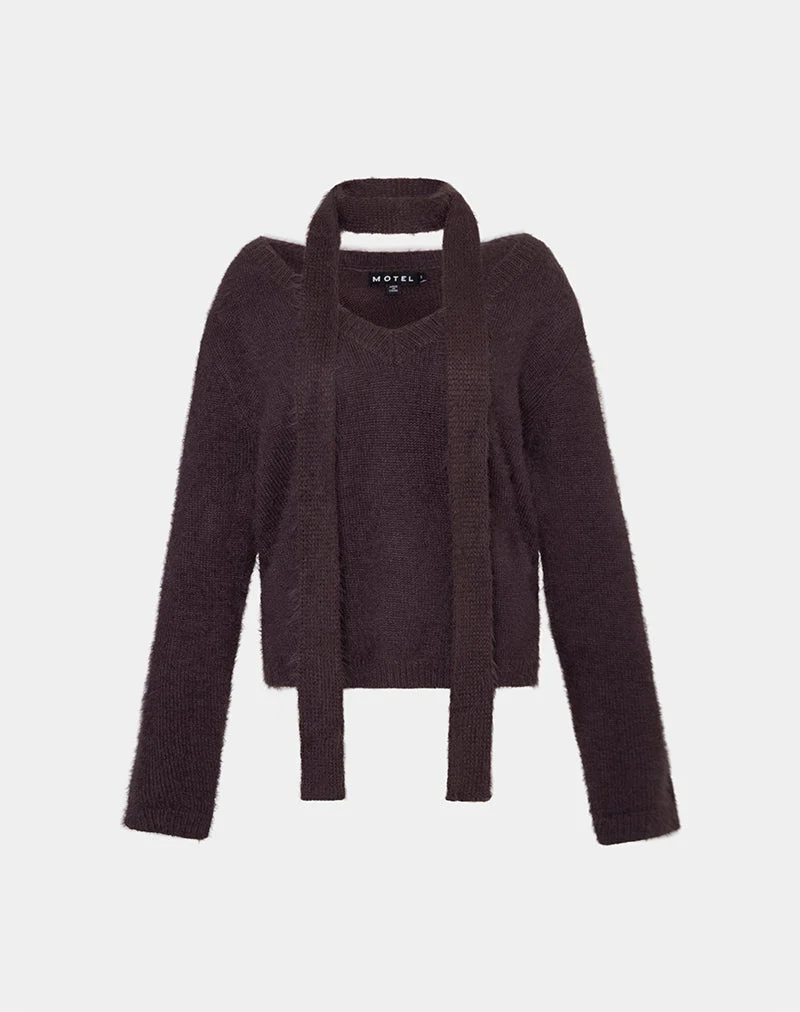 Pull Dikara avec écharpe en tricot marron