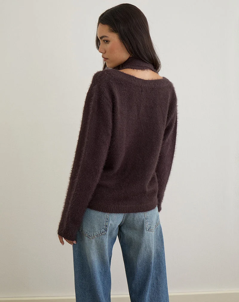 Pull Dikara avec écharpe en tricot marron