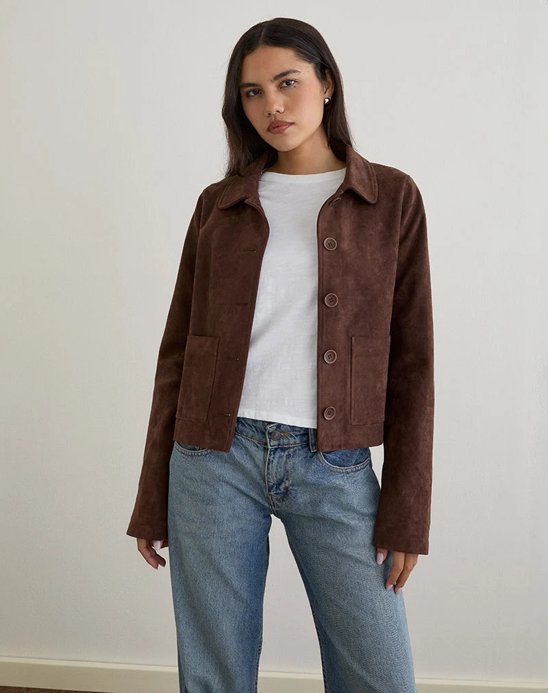 Quincy Faux Suede Cropped Jacket in Brown