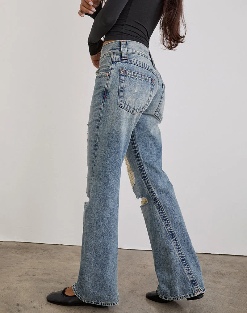 Jean déchiré à coutures torsadées, taille basse, en bleu ciel