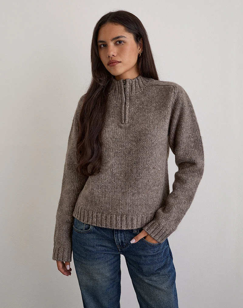 Lamara Quater Zip Jumper in Dark Brown Marl