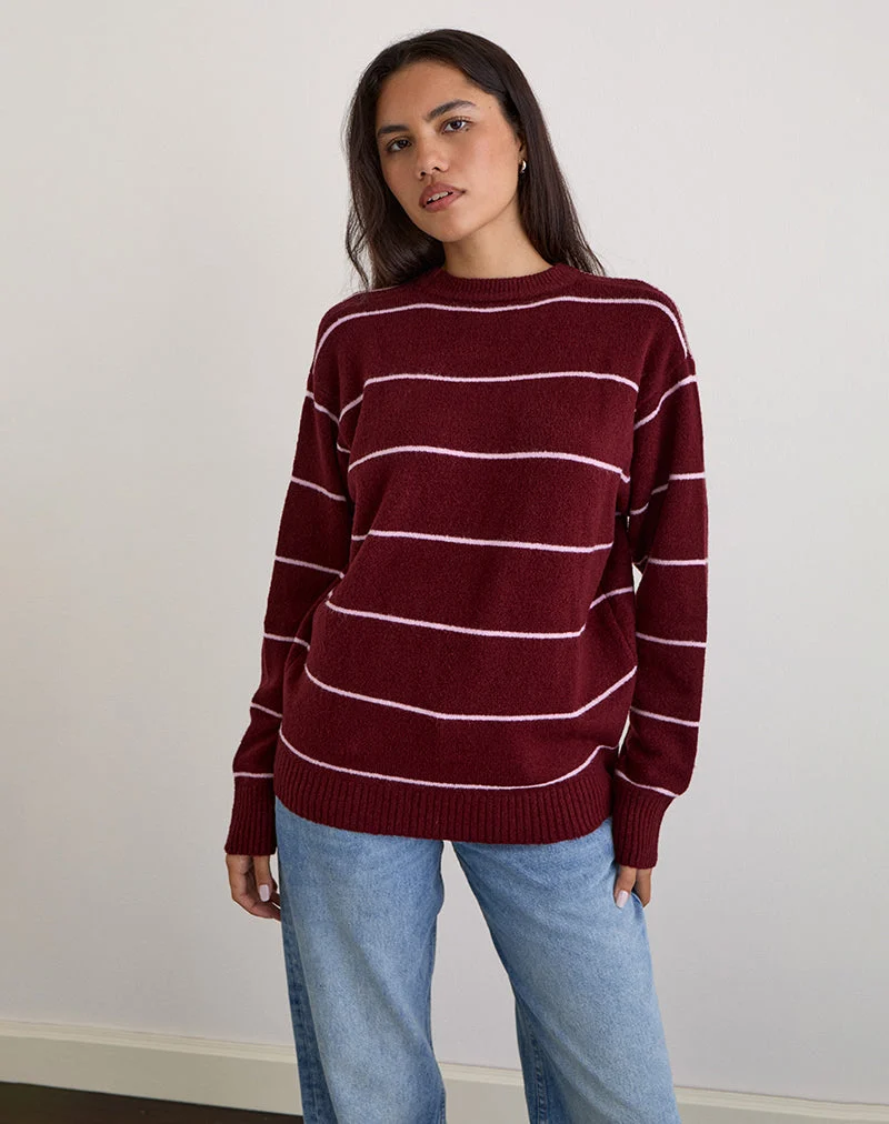 Pull Ishari en tricot bourgogne à rayures roses
