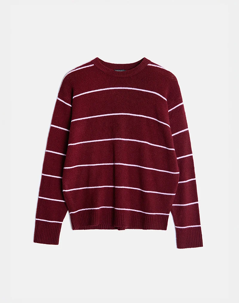 Pull Ishari en tricot bourgogne à rayures roses