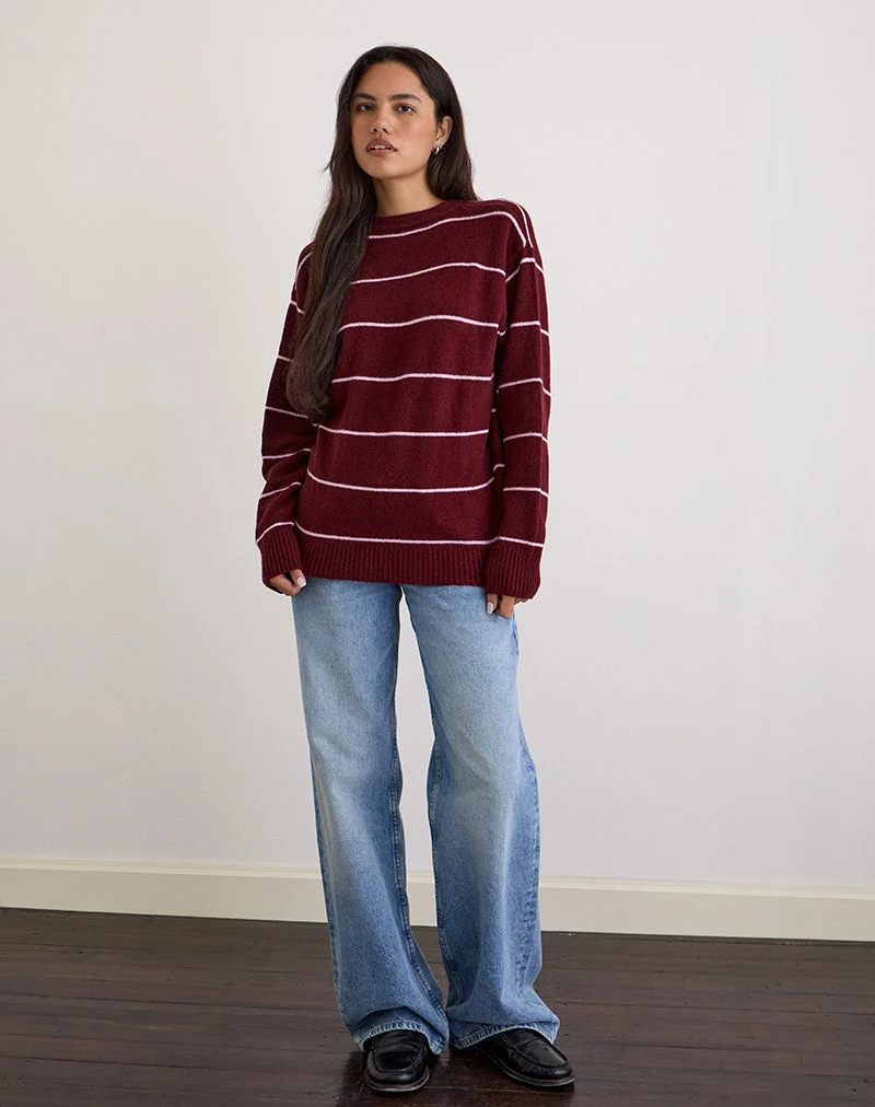 Pull Ishari en tricot bourgogne à rayures roses