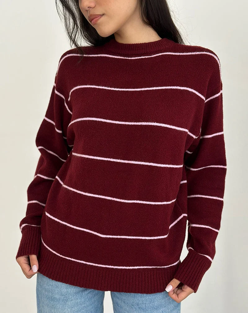 Pull Ishari en tricot bourgogne à rayures roses
