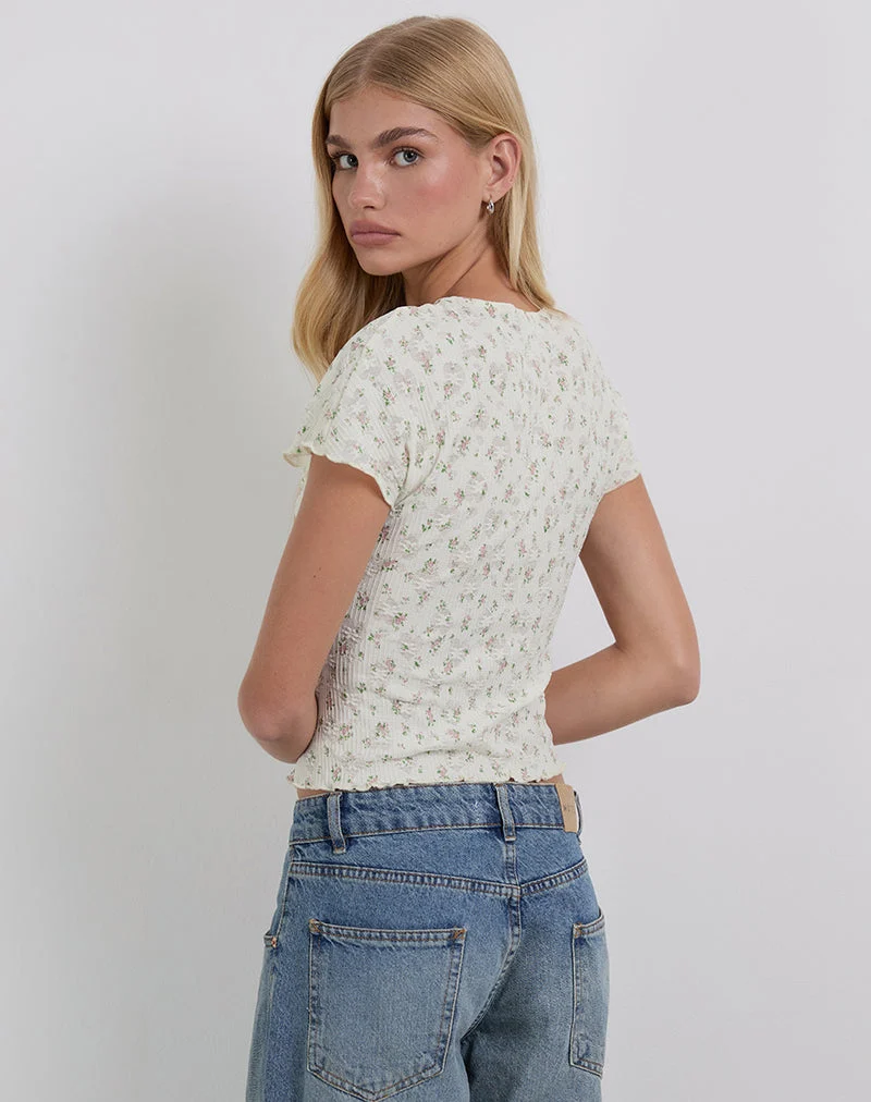 Luyu Short Sleeve Top in Floral Lace Ivory (Top à manches courtes en dentelle florale)