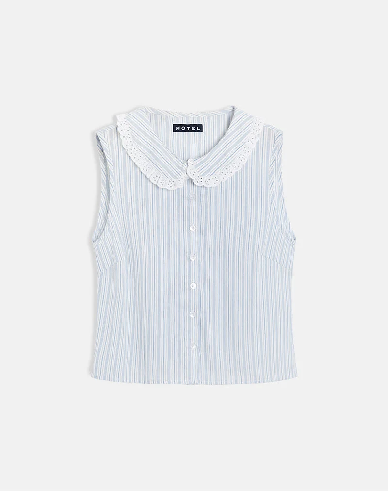 Chemise Kitami, lin blanc bleu rayé