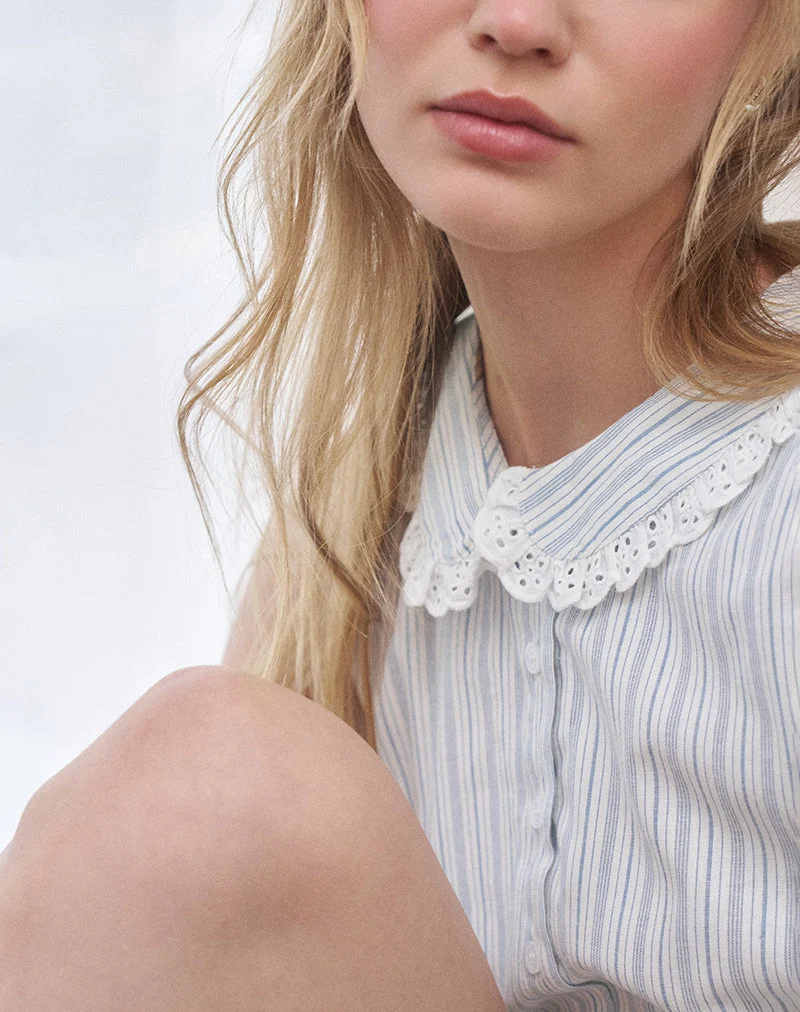 Chemise Kitami, lin blanc bleu rayé
