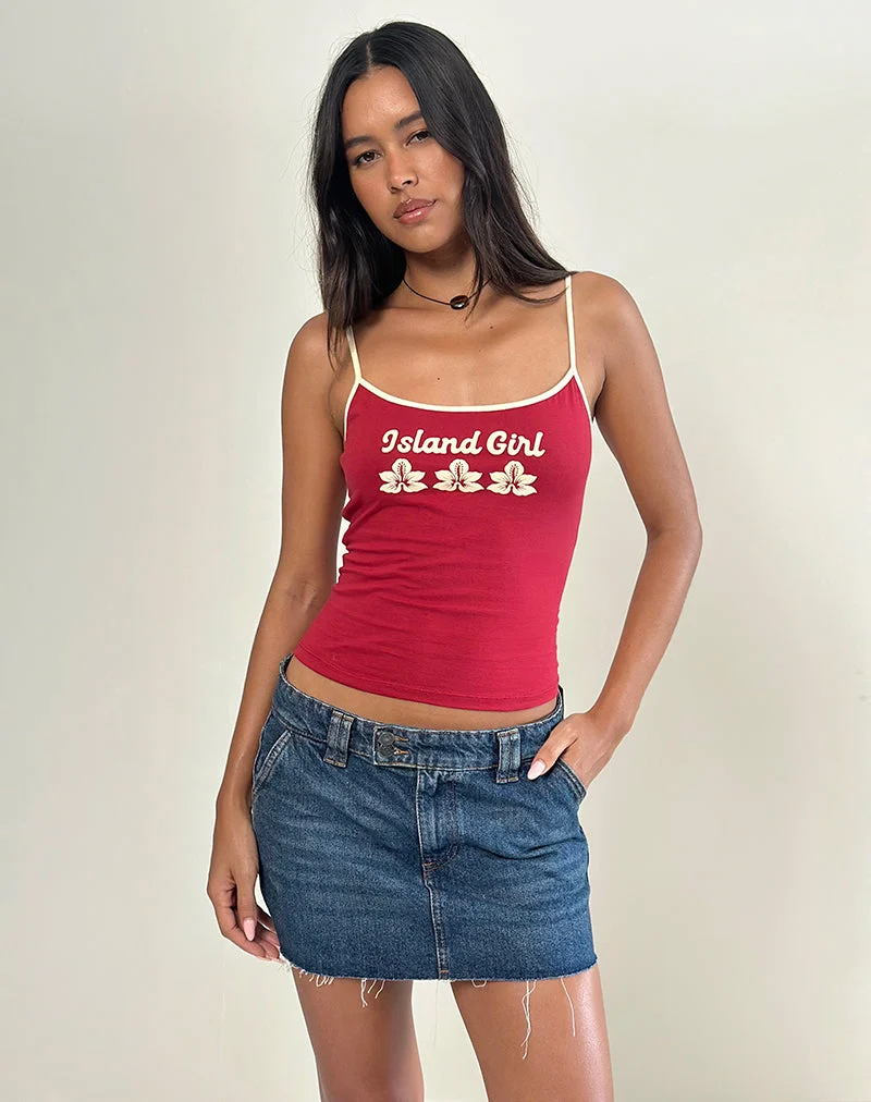 Top Solani en rouge adrénaline avec reliure en pierre et graphique Island Girl