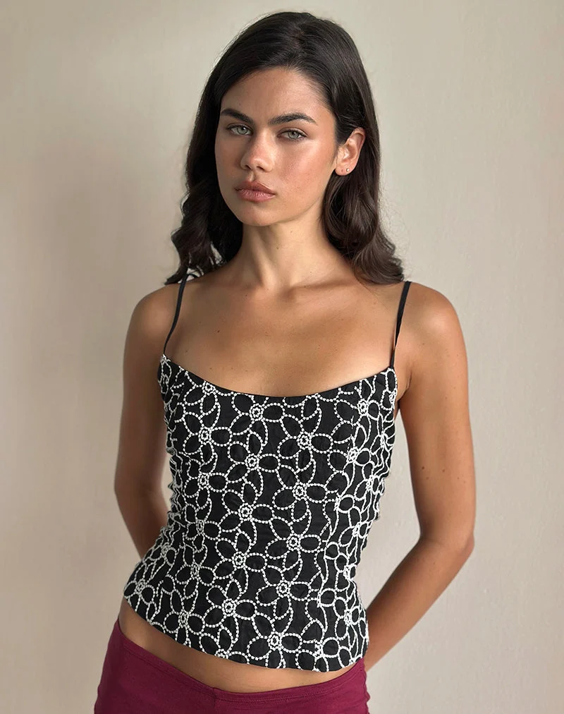 Florina Cami Top in Embroidery Flower Black