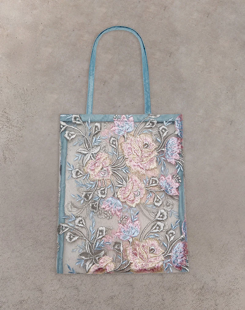 Sac Shi en broderie de dentelle naturelle avec reliure en satin bleu