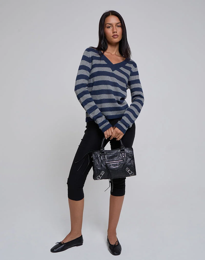 Pull Dikara à col en V, rayures bleues ton sur ton