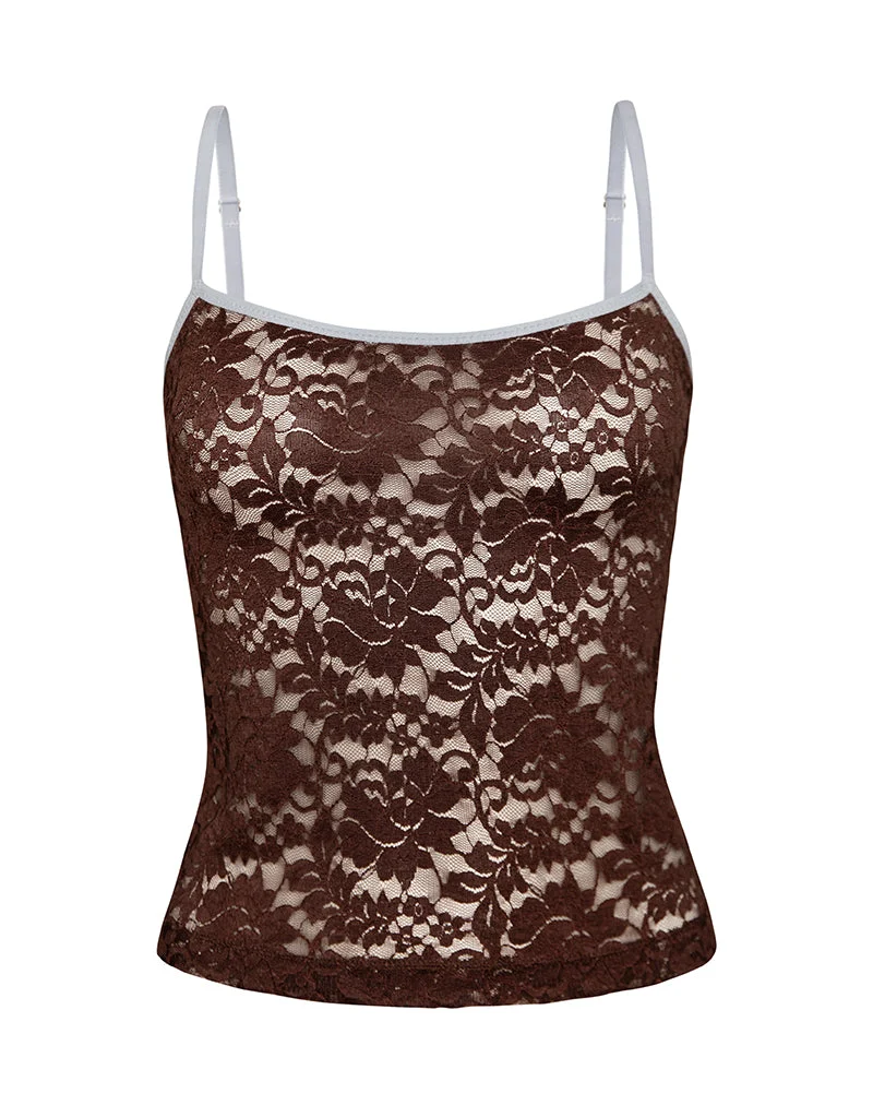 Redum Cami Top en dentelle chocolat avec bordure bleue