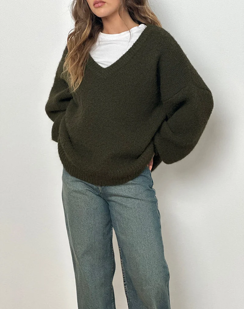 Asato Chunky V Neck Jumper in Brushed Khaki