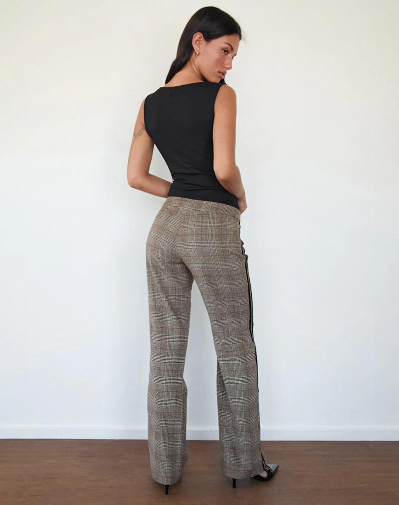 Pantalon Fatina à carreaux bruns et à rayures latérales