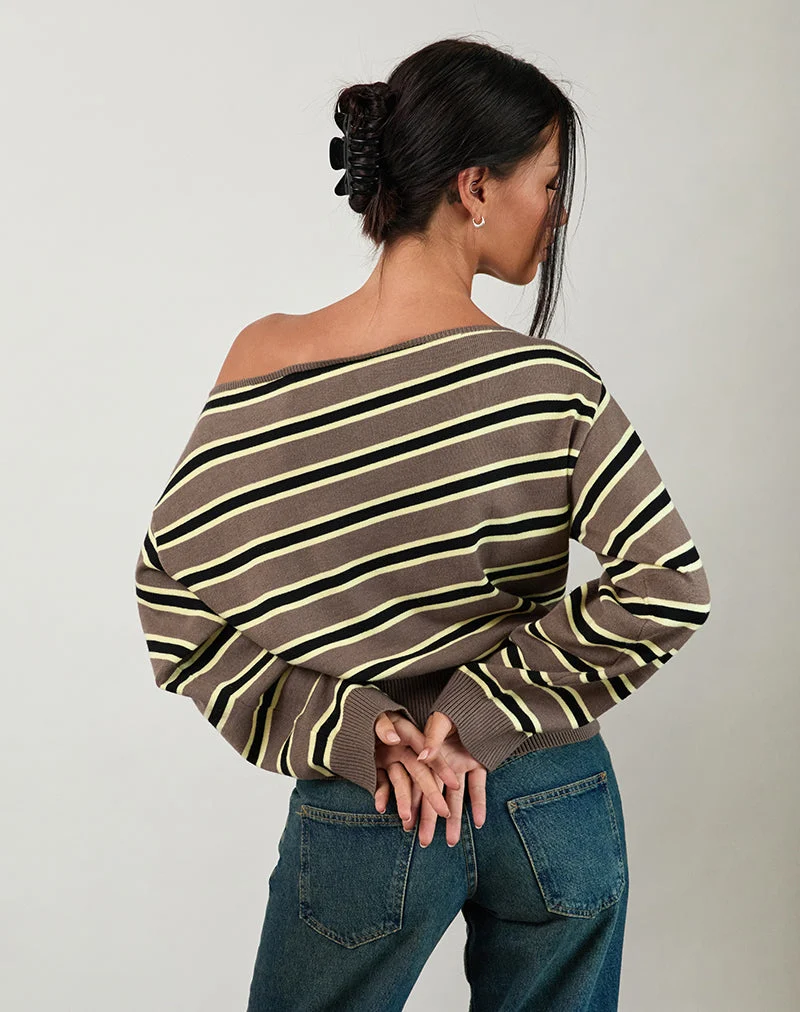 Pull Jalira Asymmetric Cinch à rayures marron et jaunes