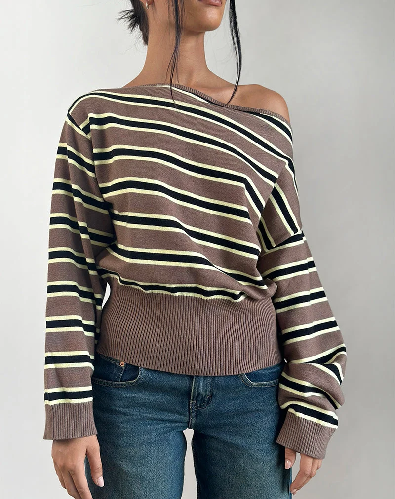 Pull Jalira Asymmetric Cinch à rayures marron et jaunes