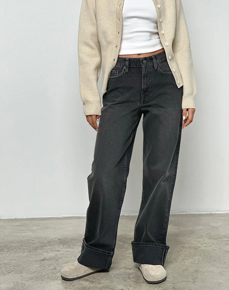 Jean droit à taille moyenne avec revers en noir délavé gris