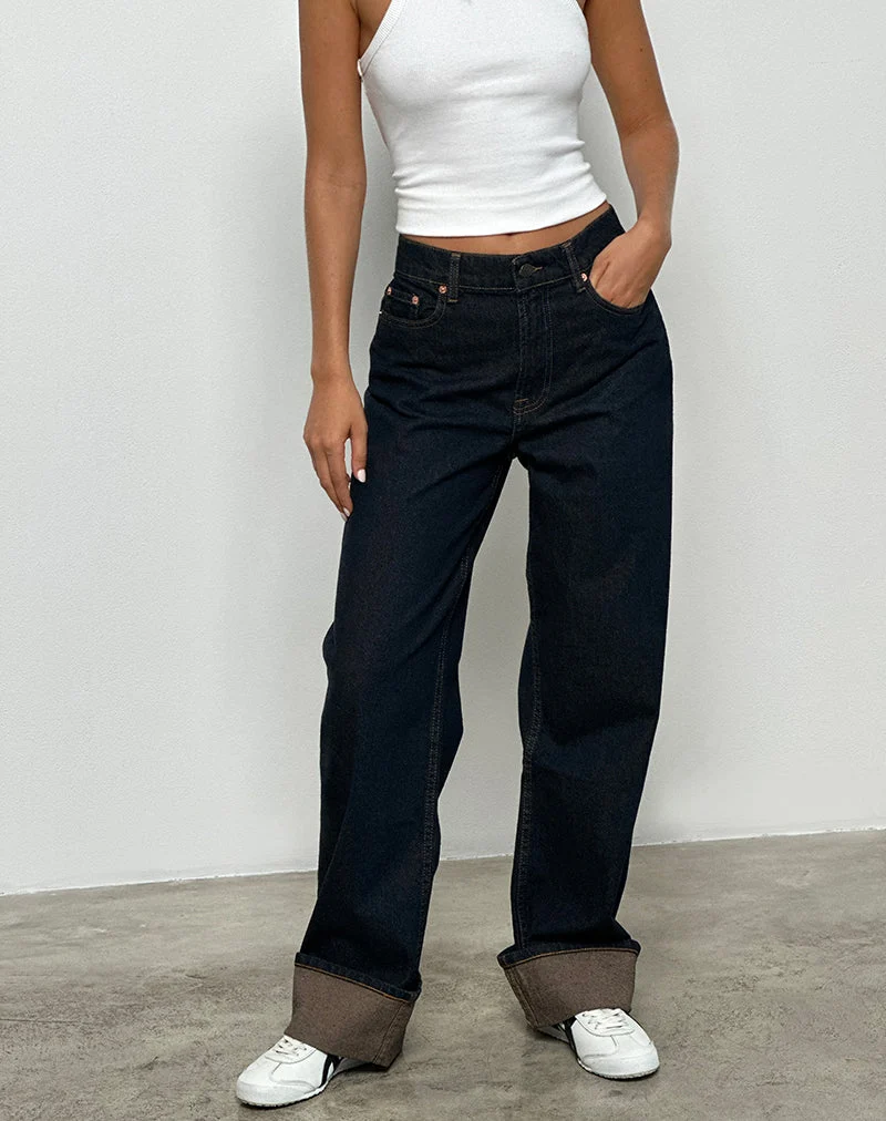 Jean droit à taille moyenne avec revers en Indigo