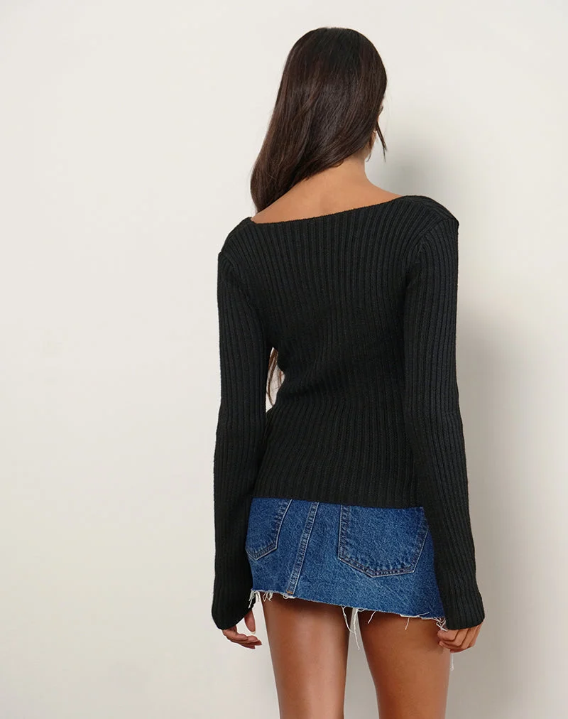 Rinca Bardot Jumper in Rib Knit Black (Pull bardot en tricot côtelé)