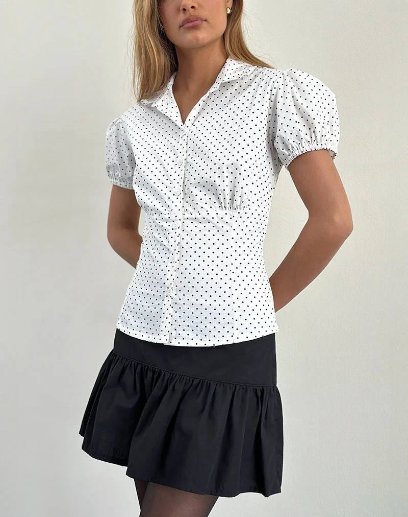 Chemisier à manches bouffantes Aspen en micro-polka blanc et noir