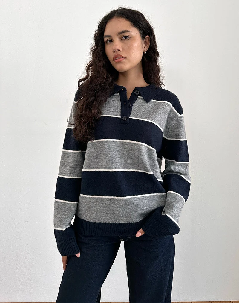 Yusnada - Pull rugby oversize à rayures gris et bleu marine