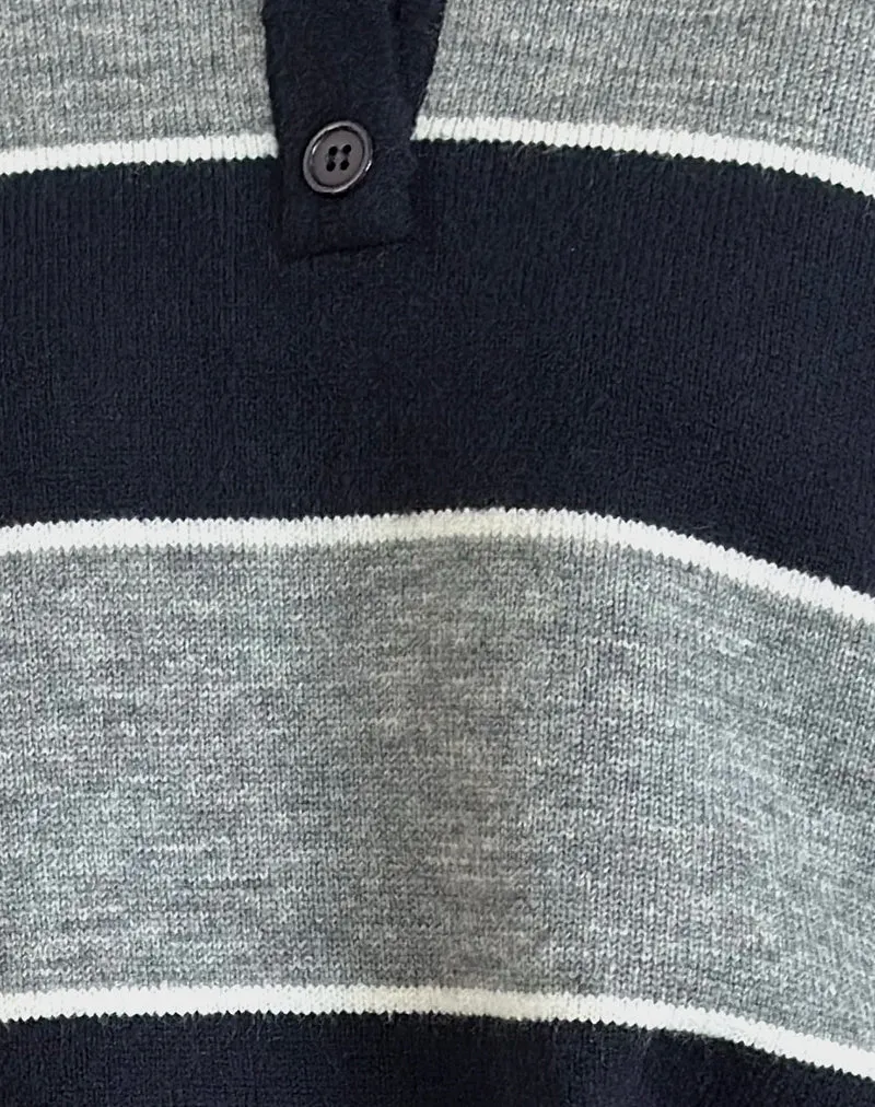 Yusnada - Pull rugby oversize à rayures gris et bleu marine