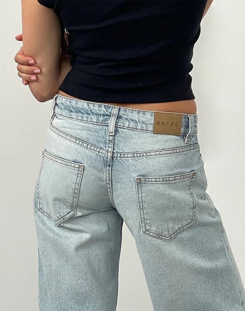 Jean parallèle taille basse, délavage extrême bleu clair