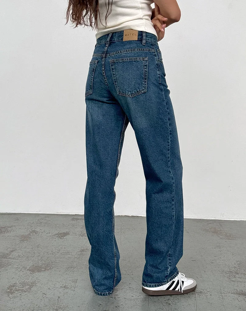 Jean parallèle slim à taille moyenne, bleu moyen usagé