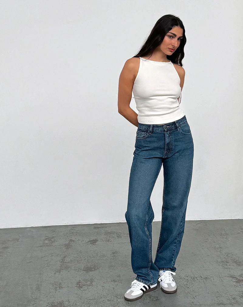 Jean parallèle slim à taille moyenne, bleu moyen usagé