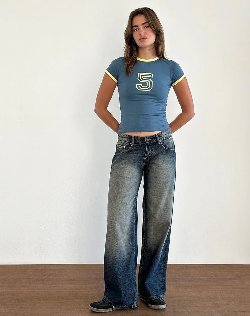 Tee-shirt Sutin en bleu avec emblème 5 et bande de liaison jaune limonade