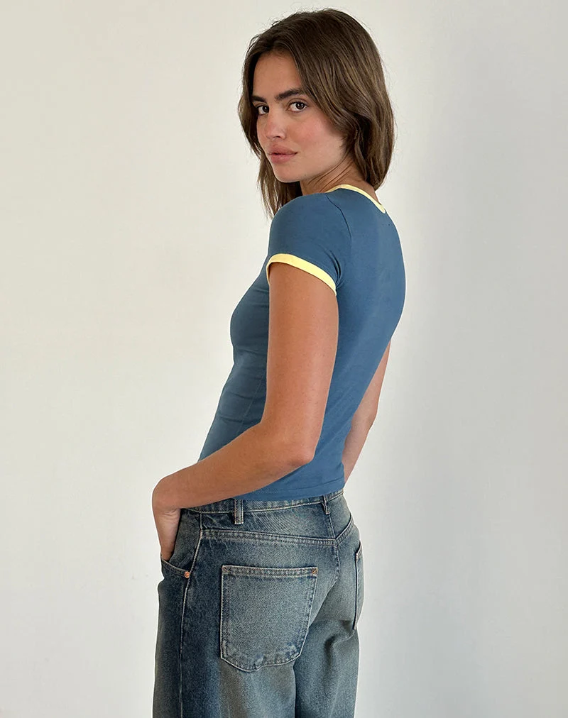 Tee-shirt Sutin en bleu avec emblème 5 et bande de liaison jaune limonade