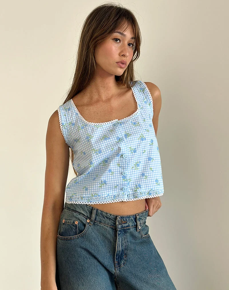 Top Ternya en vichy à fleurs bleues