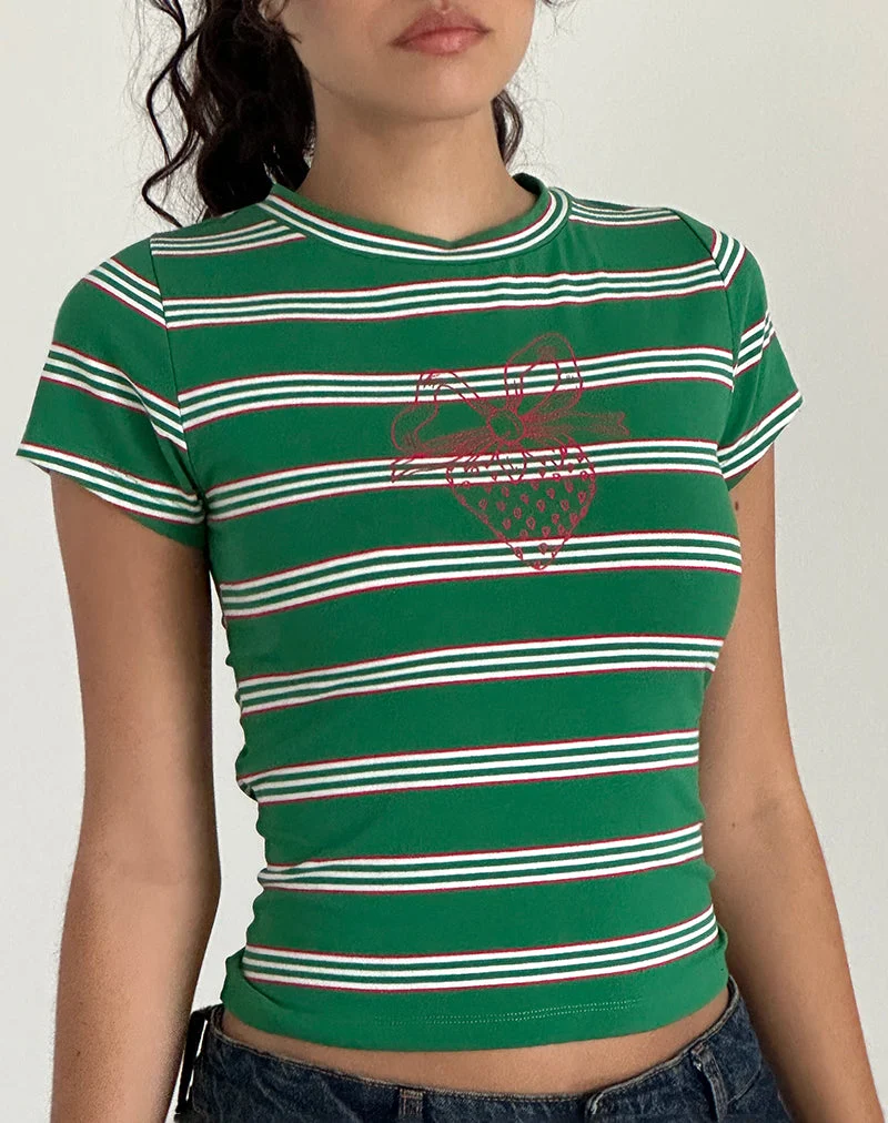 Tee-shirt en jersey Glenda à rayures vertes et blanches avec motif de fraises