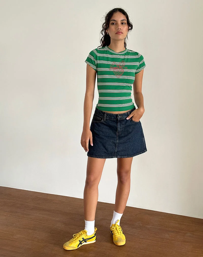 Tee-shirt en jersey Glenda à rayures vertes et blanches avec motif de fraises