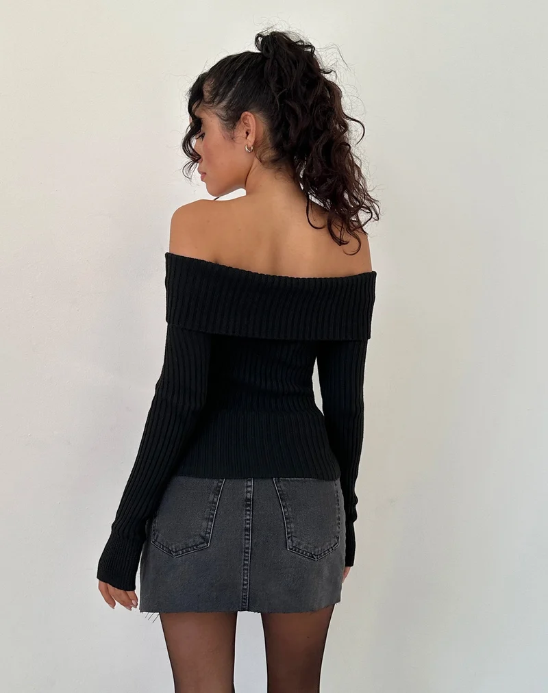 Circe - Top en maille à manches longues et épaules en noir