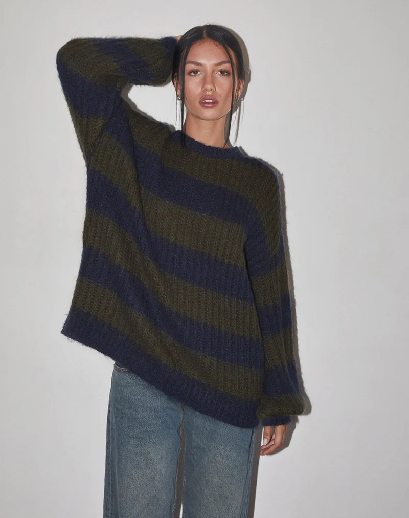 Pull oversize en tricot Daren à rayures kaki et bleu marine
