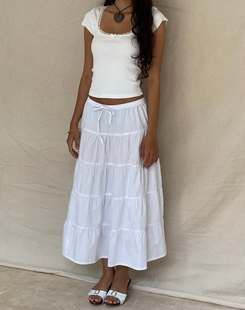 Bovillo - T-shirt à bordures en dentelle, côtelé, blanc cassé