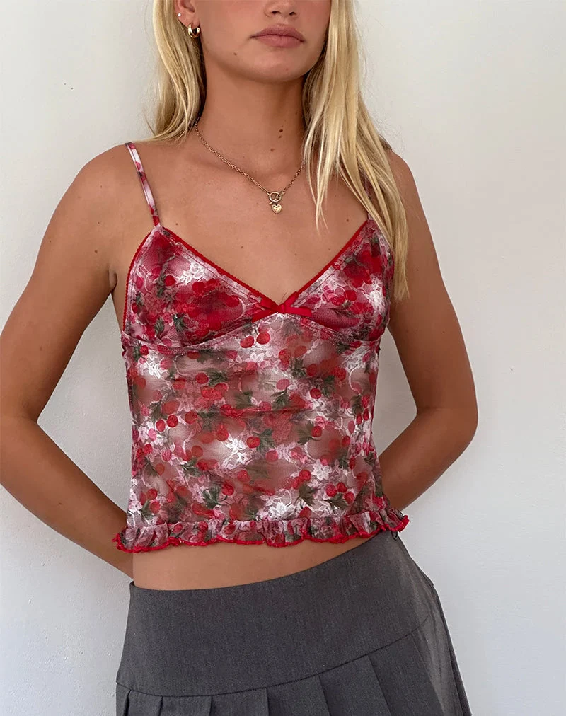 Top Rumaysa en dentelle imprimée Cherry
