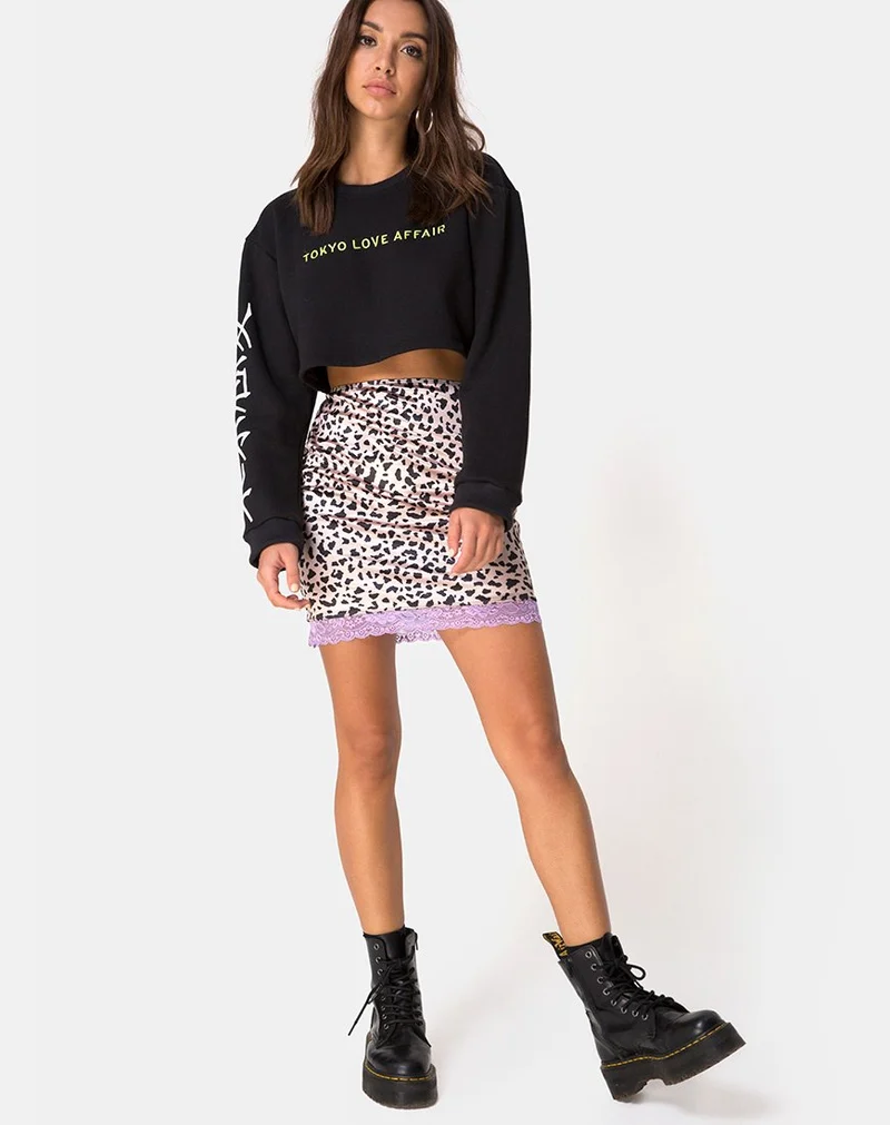 Jupe Cherry en satin animal et dentelle lilas