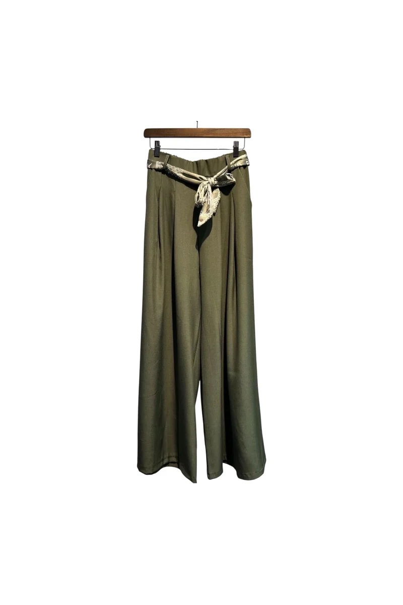 Pantalon Large Chocolat avec Ceinture Imprimée