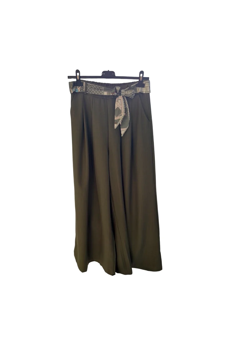 Pantalon Large Chocolat avec Ceinture Imprimée