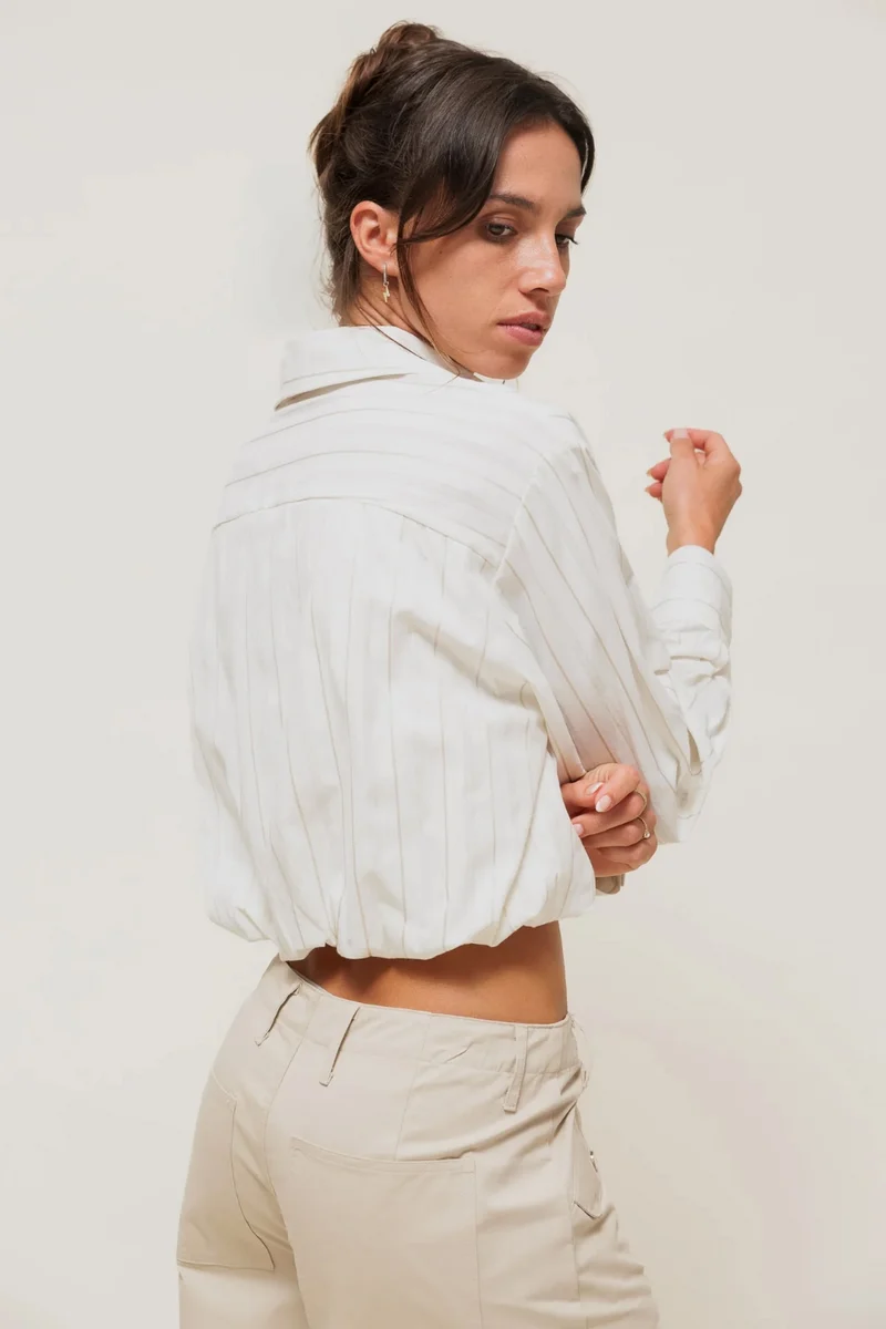 TORYA - Chemise Courte à Rayures Ton sur Ton Blanc