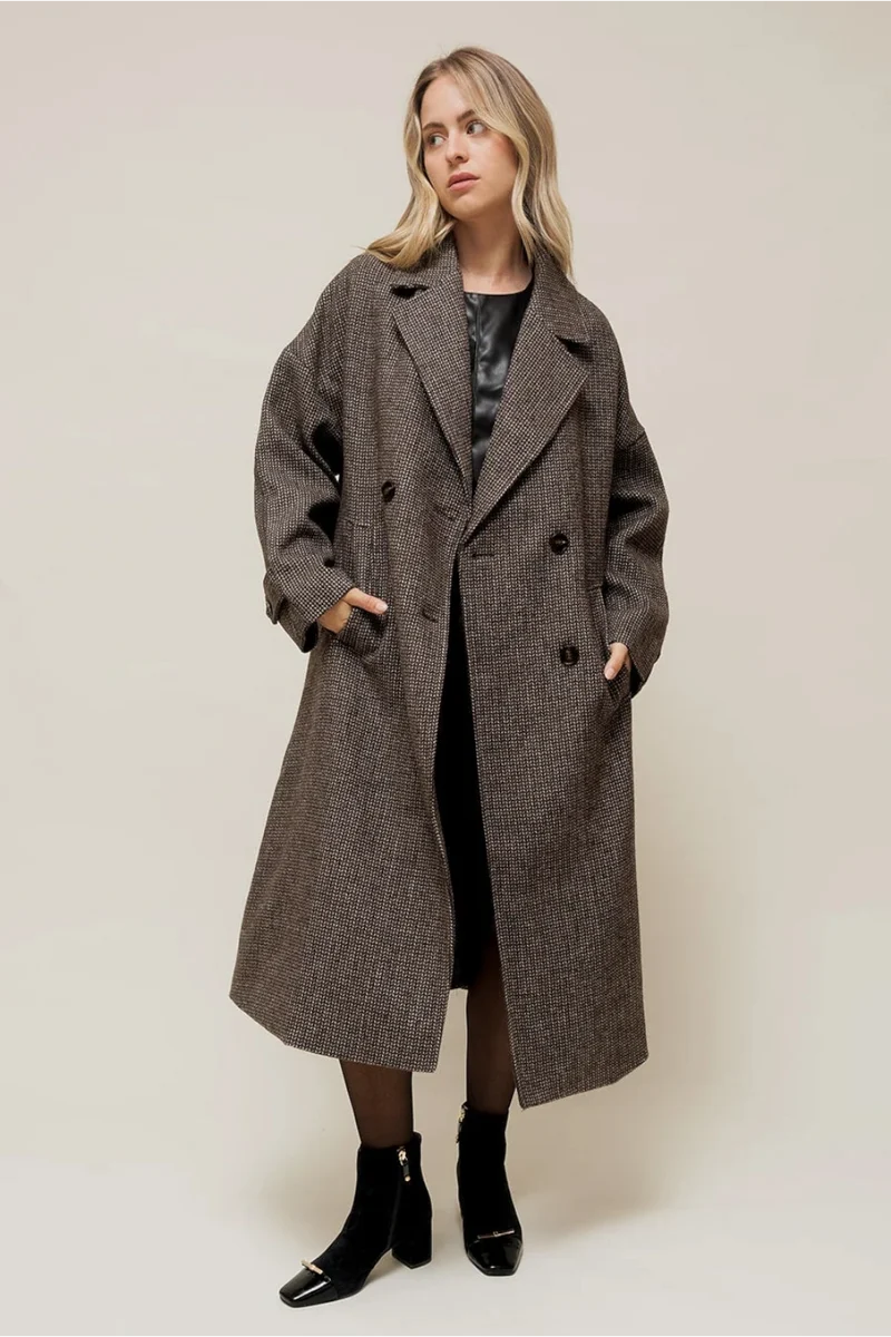 NORALY - Manteau Long Oversize en Chevron Gris à Double Boutonnage