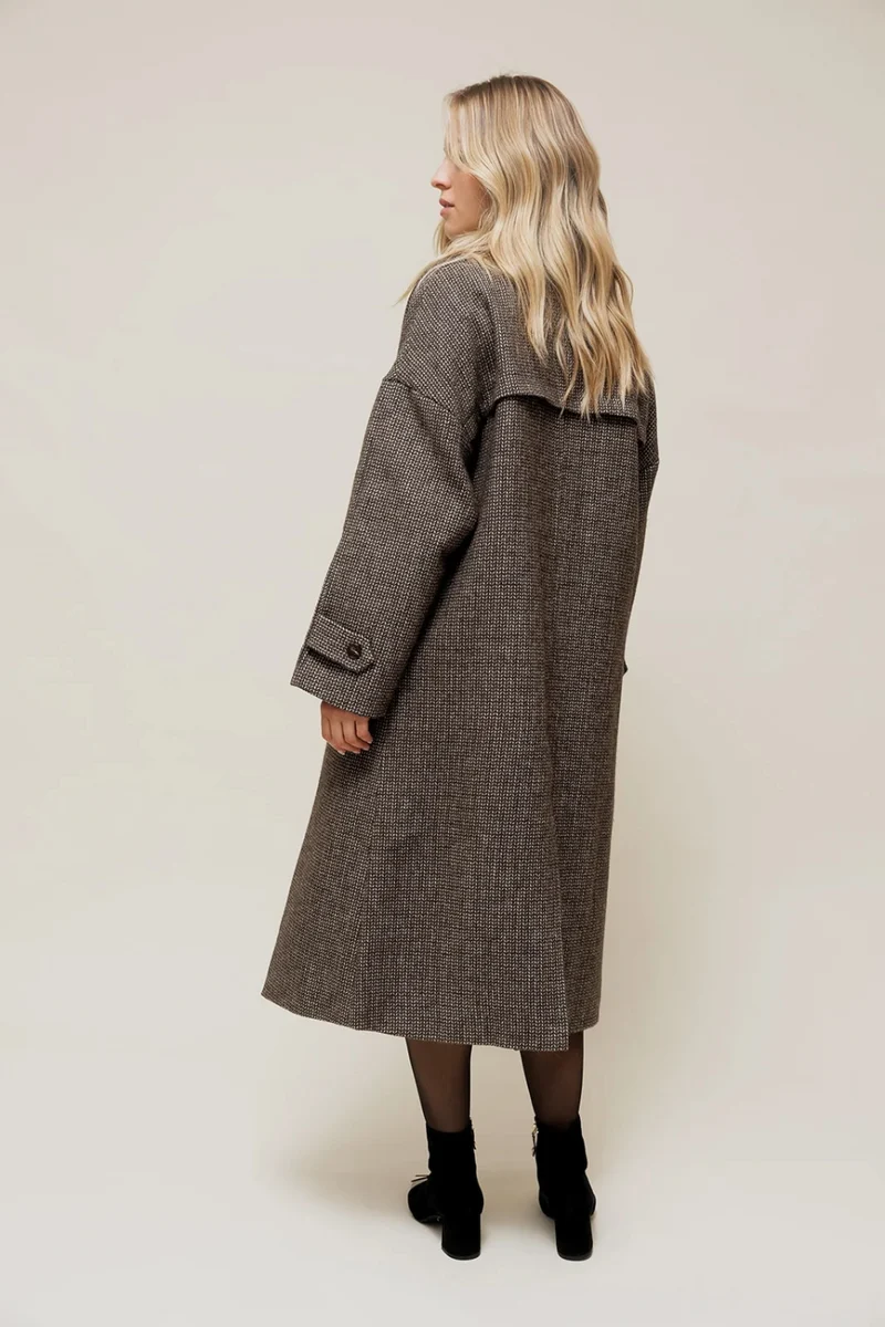 NORALY - Manteau Long Oversize en Chevron Gris à Double Boutonnage