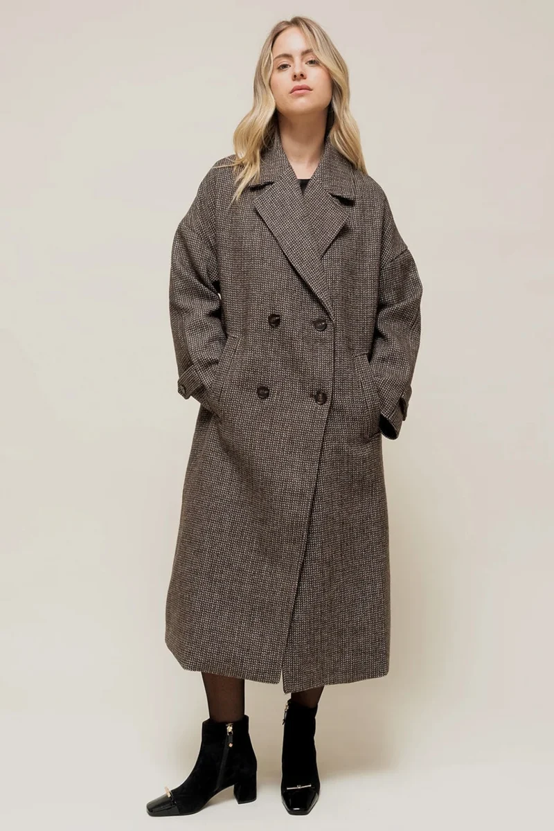 NORALY - Manteau Long Oversize en Chevron Gris à Double Boutonnage