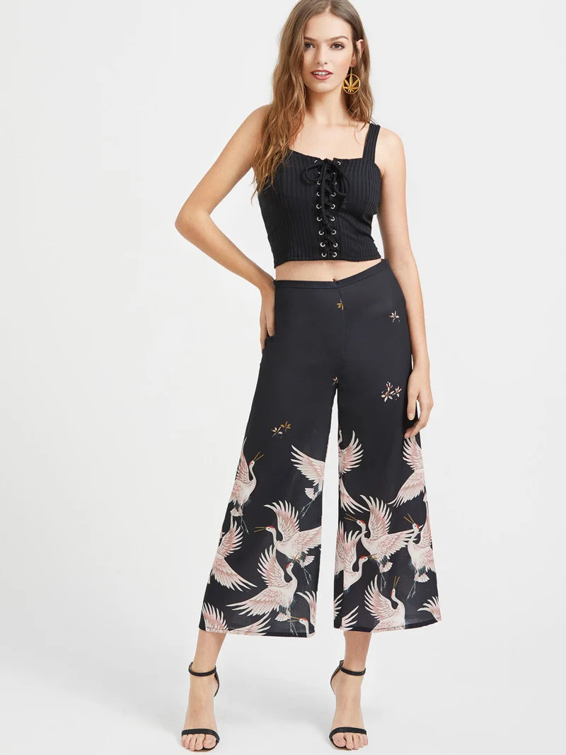 Crane Print Wide Leg Pants